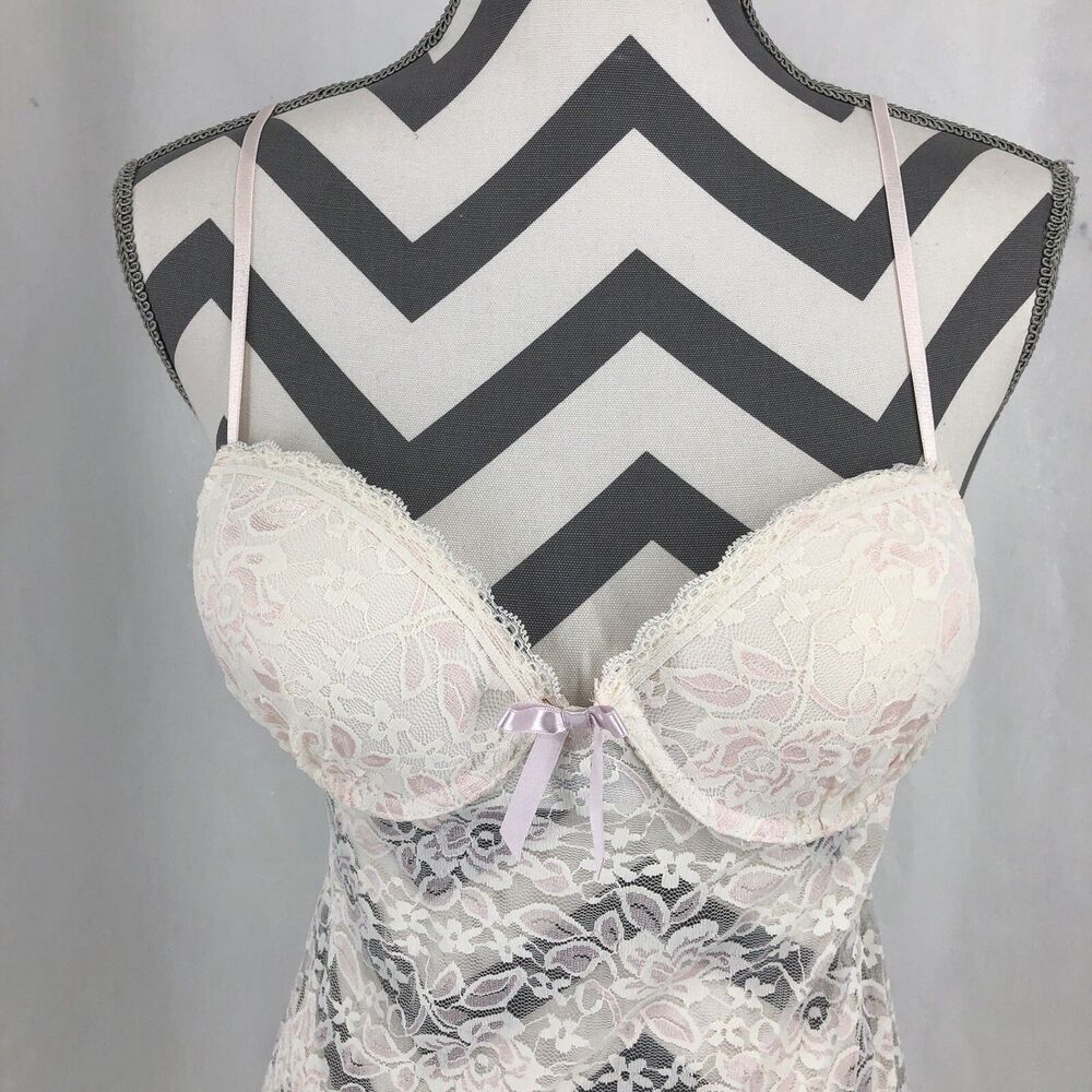 Linea Donatella Pink Lace Floral Sheer White Babydoll Chemise PTF085M Medium